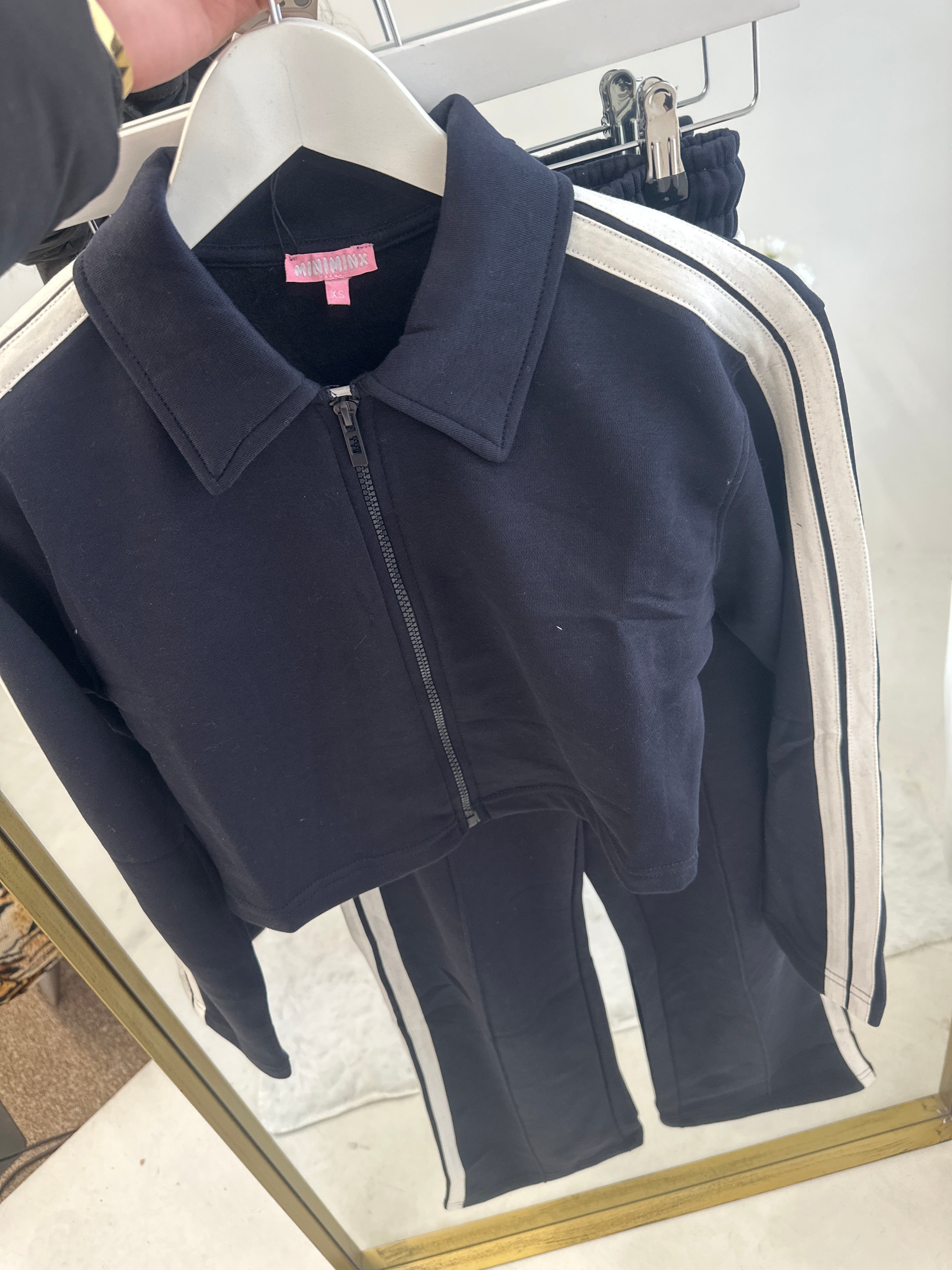 Mia wide leg tracksuit with side stripe and crop top with zipped front lounge wear 2 piece set