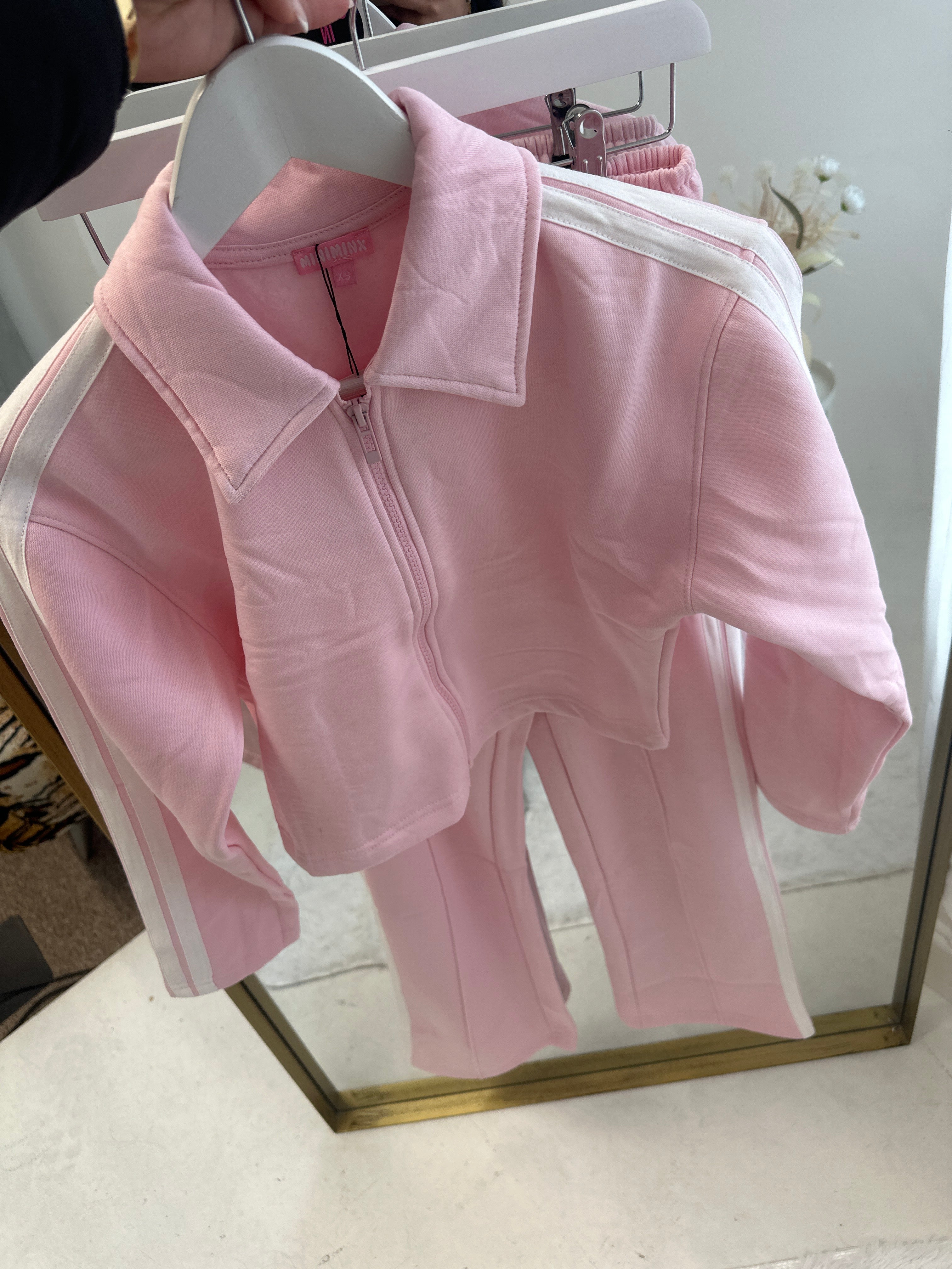 Mia wide leg tracksuit with side stripe and crop top with zipped front lounge wear 2 piece set