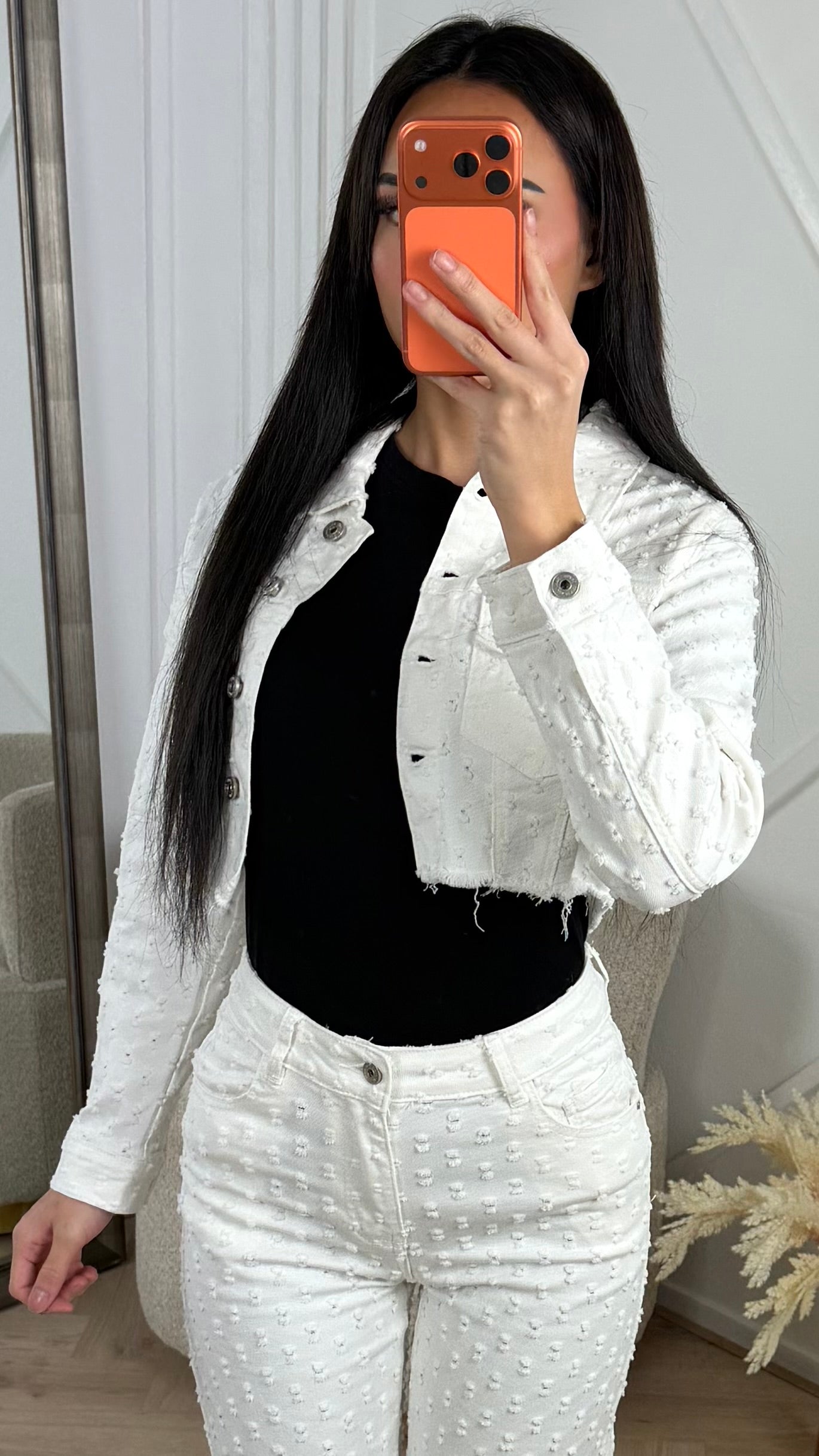 Cropped Denim Jasje met Structuurdessin – H637-11