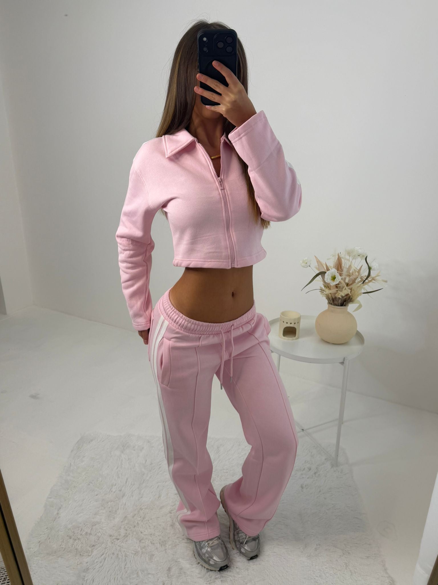Mia wide leg tracksuit with side stripe and crop top with zipped front lounge wear 2 piece set