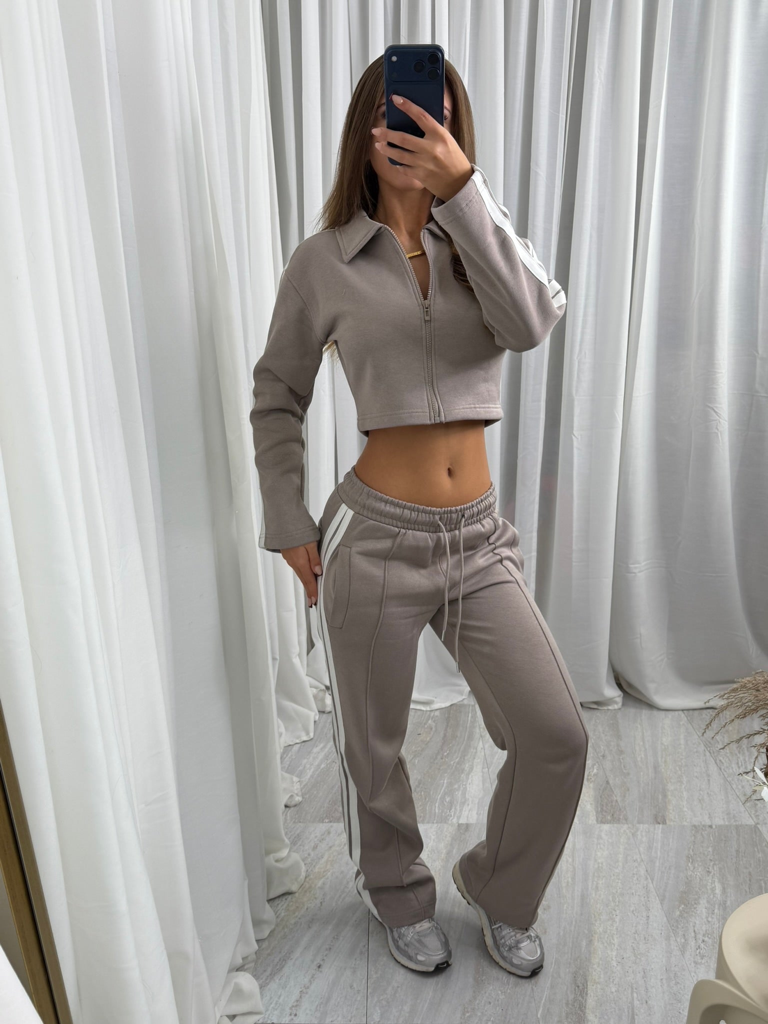 Mia wide leg tracksuit with side stripe and crop top with zipped front lounge wear 2 piece set