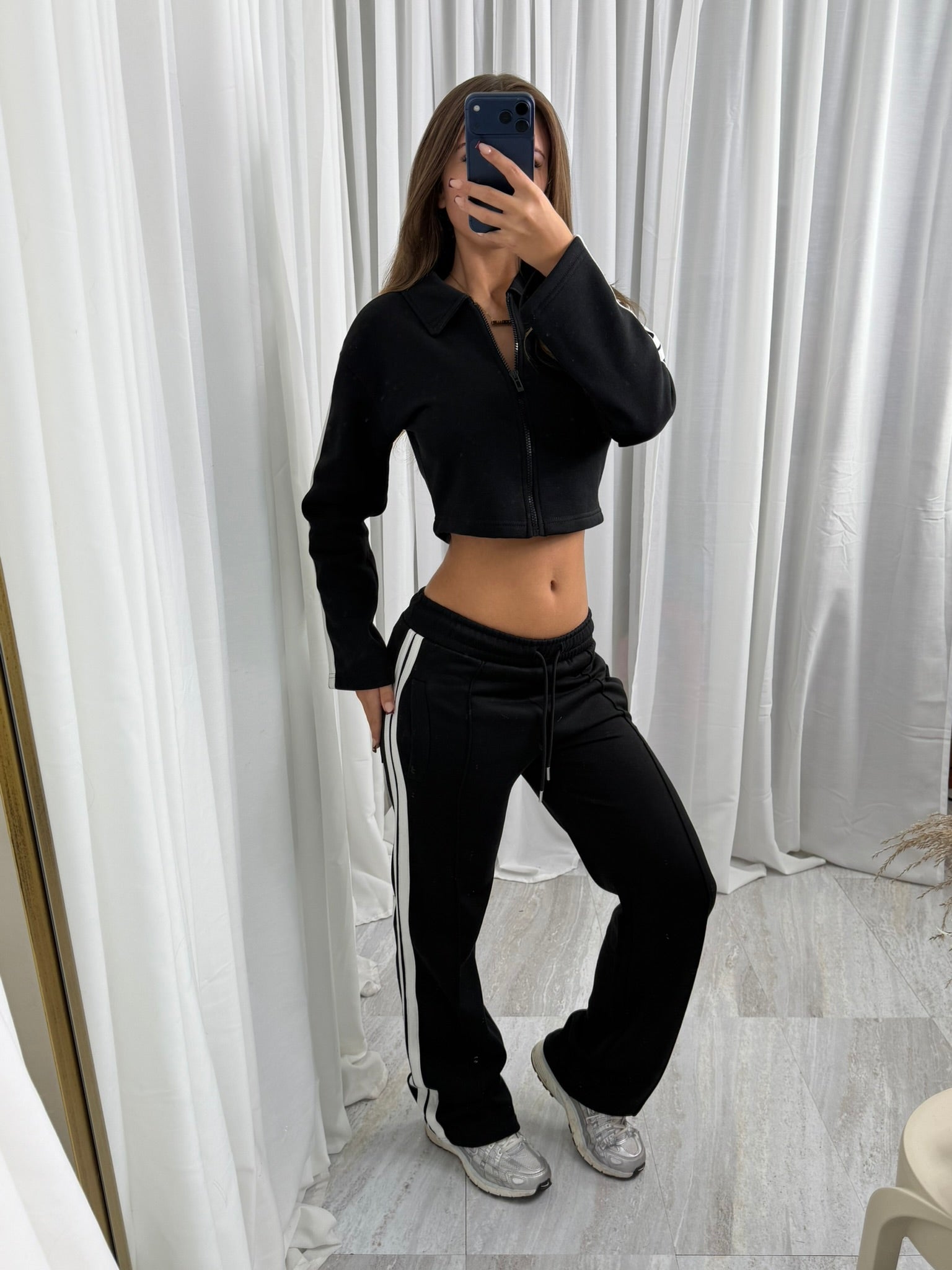Mia wide leg tracksuit with side stripe and crop top with zipped front lounge wear 2 piece set
